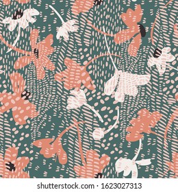 Vector botanical seamless pattern. Background with mix of flat daisies and tiger skin print. Collage, cutout paper style. Dashed lines. Elegant summer flowers with animal fur ornament. Fashion design.
