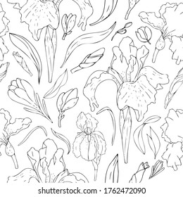 vector botanical seamless pattern, black silhouettes of irises on a white background, black and white ornament