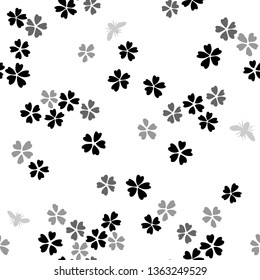 Vector botanical seamless pattern. Blooming small sakura flowers and bees. Simple plane floral  background. Good for textile, fabric, fashion design and wallpaper, 