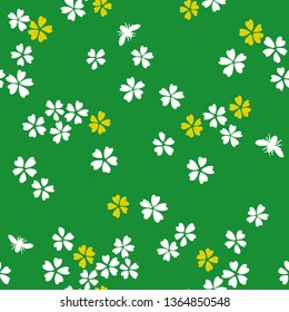 Vector botanical seamless pattern. Blooming small sakura flowers and bees. Simple plane floral  background. Good for textile, fabric, fashion design and wallpaper, 