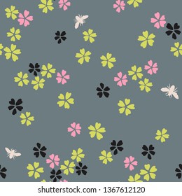 Vector botanical seamless pattern. Blooming small sakura flowers and bees. Simple plane floral  background. Good for textile, fabric, fashion design and wallpaper, 