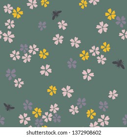 Vector botanical seamless pattern. Blooming small sakura flowers and bees. Simple plane floral  background. Good for textile, fabric, fashion design and wallpaper, 