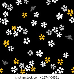 Vector botanical seamless pattern. Blooming small sakura flowers and bees. Simple plane floral  background. Good for textile, fabric, fashion design and wallpaper, 