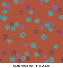 Vector botanical seamless pattern. Blooming small sakura flowers and bees. Simple plane floral  background. Good for textile, fabric, fashion design and wallpaper, 