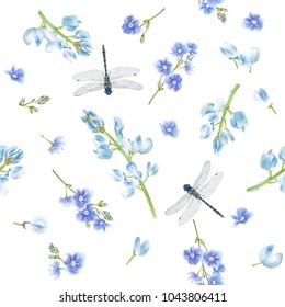 Vector botanical seamless pattern with blue flowers and dragonfly on white. Floral background for natural cosmetics, perfume, women products, greeting or wedding card, wrapping paper, fabric print