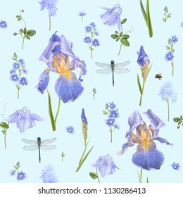 Vector botanical seamless pattern with blue flowers and dragonfly on light blue. Floral background for natural cosmetics, perfume, women products, greeting or wedding card, wrapping paper, fabric