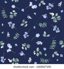 Vector botanical seamless pattern with blue flowers and leaves on dark blue. Floral background for natural cosmetics, perfume, women products, greeting or wedding card, wrapping paper, fabric print
