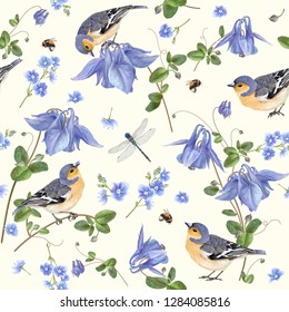 Vector botanical seamless pattern with blue flowers and birds. Floral background design for natural cosmetics, perfume, women product. greeting card. Best as wrapping paper, fabric print, wallpaper