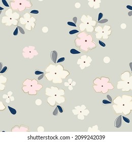 vector botanical seamless pattern of drawing simple flowers and leaves. Gold, pink, gray, dark blue color. Delicate handmade design.