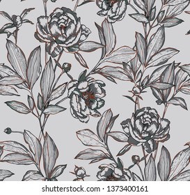 Vector botanical seamless pattern. Elegant peonies, buds and leaves. Contour drawing, etching graphic technique. Vintage background with beautiful flowers for textile, fabric, wallpaper and wrapping.