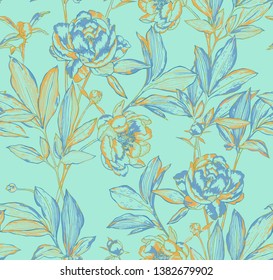 Vector botanical seamless pattern. Elegant peonies, buds and leaves. Contour drawing, etching graphic technique. Vintage background with beautiful flowers for textile, fabric, wallpaper and wrapping.
