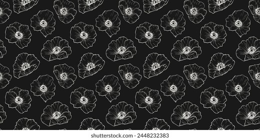 Vector botanical seamless pattern. Elegant minimal black and white floral background. Monochrome ornament with simple outline flower silhouettes, poppies. Dark repeated design for decor, cover, print