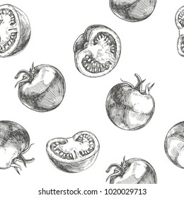 Vector botanical seamless pattern with engraved fresh vegetables. Hand drawn texture with full and half tomatoes isolated on white background.