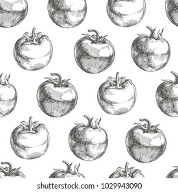 Vector botanical seamless pattern with engraved vegetables. Vintage hand drawn texture with fresh tomatoes isolated on white background.