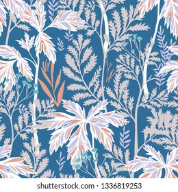 Vector botanical seamless pattern. Floral pencil drawing made of meadow flowers, foliage, stems and leaves. Nature background for fabric, textile, fashion design, surface or wrapping.