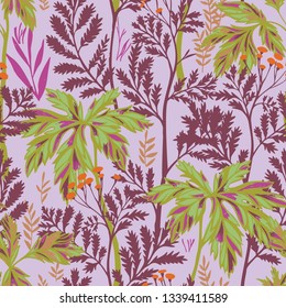 Vector botanical seamless pattern. Floral pencil drawing made of meadow flowers, foliage, stems and leaves. Nature background for fabric, textile, fashion design, surface or wrapping.