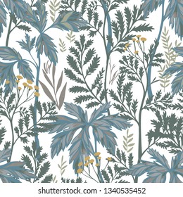 Vector botanical seamless pattern. Floral pencil drawing made of meadow flowers, foliage, stems and leaves. Nature background for fabric, textile, fashion design, surface or wrapping.
