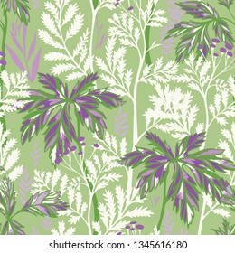 Vector botanical seamless pattern. Floral pencil drawing made of meadow flowers, foliage, stems and leaves. Nature background for fabric, textile, fashion design, surface or wrapping.