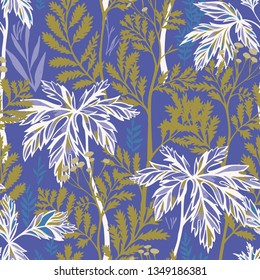 Vector botanical seamless pattern. Floral pencil drawing made of meadow flowers, foliage, stems and leaves. Nature background for fabric, textile, fashion design, surface or wrapping.