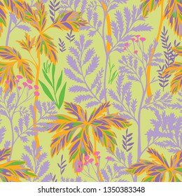 Vector botanical seamless pattern. Floral pencil drawing made of meadow flowers, foliage, stems and leaves. Nature background for fabric, textile, fashion design, surface or wrapping.