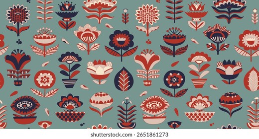 Vector botanical seamless pattern with folkloric flowers. Simple plants floral shapes as a background. Hand drawn geometric minimalistic repeatable backdrop.