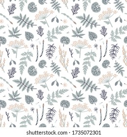 Vector botanical seamless pattern with forest leaves. Repeated texture with natural elements. Hand drawn print for fabric and wrapping paper. Floral background. 