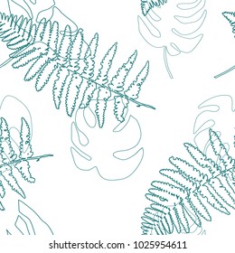 Vector botanical seamless pattern with  hand drawn palm monstera and fern leaves.
