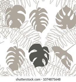 Vector botanical seamless pattern with  hand drawn palm monstera and fern leaves.