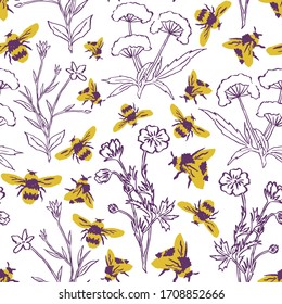 Vector botanical seamless pattern. Hand drawn illustration of flowers and bees great for fabric and wallpaper.