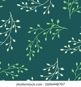 Vector botanical seamless pattern with hand-drawn leaves in green shades on a dark emerald background. Minimalist sketch style background for textile, fabric, decoration, package design, etc.