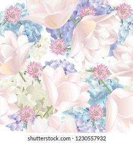 Vector botanical seamless pattern with hydrangea, tulips flowers. Modern floral pattern for textile, wallpaper, print, gift wrap, greeting or wedding background. Spring or summer design.