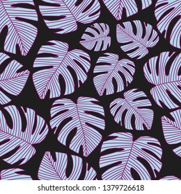 Vector botanical seamless pattern. Illustration with hand drawn monstera leaves on the black background. Perfect for design and fabric.