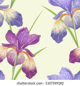 Vector botanical seamless pattern with iris flowers. Modern floral pattern for textile, wallpaper, print, gift wrap, greeting or wedding background. Spring or summer design.