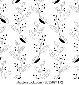 Vector botanical seamless pattern of isolated plants on a white background. Delicate flowering field herb. Russian medicinal flowers. Design of bouquets for fabric. Stock illustration for the textile.