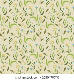 Vector botanical seamless pattern of isolated plants on a green background. Delicate flowering field herb. Russian medicinal flowers. Design of bouquets for fabric. Stock illustration for the textile.