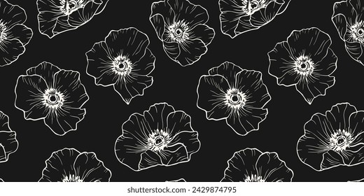 Vector botanical seamless pattern. Luxury minimal black and white floral background. Monochrome ornament with simple outline flower silhouettes, poppies. Delicate dark repeated design for decor, print