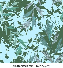Vector botanical seamless pattern. Mix of stems with textured leaves and silhouettes of garden flowers. Simple nature floral background. 