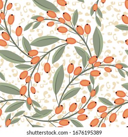 Vector botanical seamless pattern with orange berries, green leaves, branches, twigs. Elegant floral texture. Simple abstract vegetal ornament, nature wallpapers. Repeat design for fabric, print