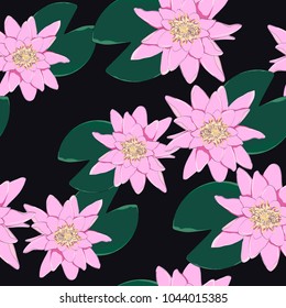 Vector botanical seamless pattern with pink lotus flowers. Background design for natural cosmetics, health care and Ayurveda products, yoga center. Best for wrapping paper. Black backdrop.