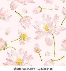 Vector botanical seamless pattern with pink lotus flowers. Design for natural cosmetics, health care and products, yoga center. Can be used as greeting card or wedding invitation. With place for text