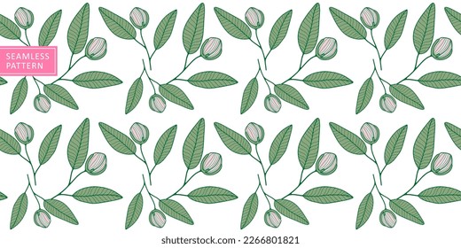 Vector botanical seamless pattern with pink flowers and green leaves on a white background for textiles, wrapping paper, covers, backgrounds, wallpapers