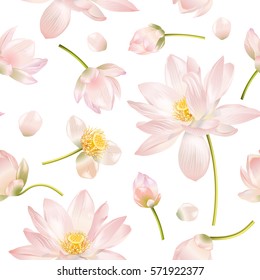 Vector botanical seamless pattern with pink lotus flowers. Background design for natural cosmetics, health care and ayurveda products, yoga center. Best for wrapping paper