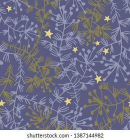Vector botanical seamless pattern. Plain field herbs, stems and stars. Delicate floral background for fabric, textile, fashion design, surface or wrapping.