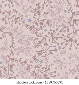 Vector botanical seamless pattern. Plane field herbs, stems and stars. Delicate floral background for fabric, textile, fashion design, surface or wrapping.