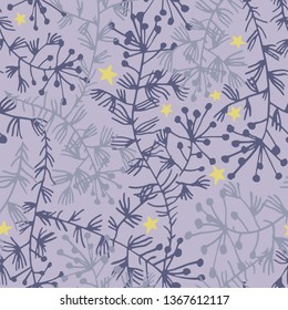 Vector botanical seamless pattern. Plane field herbs, stems and stars. Delicate floral background for fabric, textile, fashion design, surface or wrapping.