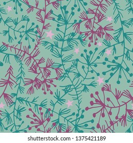 Vector botanical seamless pattern. Plane field herbs, stems and stars. Delicate floral background for fabric, textile, fashion design, surface or wrapping.