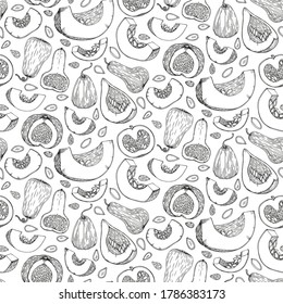 Vector botanical seamless pattern with pumpkin in sketch style. Black and with background of pumpkins, squash, seed. Cute autumn texture for thanksgiving, harvest and halloween.