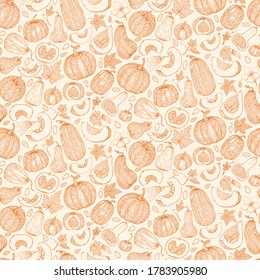 Vector botanical seamless pattern with pumpkins, flowers and leaves in sketch style. Flat pastel background for farm market design. Cute autumn texture for thanksgiving, harvest and halloween. 