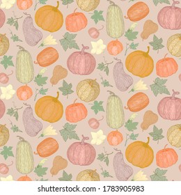  Vector botanical seamless pattern with pumpkins, flowers and leaves. Flat pastel background for farm market design. Cute autumn texture for thanksgiving, harvest and halloween. Farm market design.