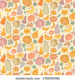 Vector botanical seamless pattern with pumpkins, flowers and leaves in colorful style. Flat pastel background for farm market design. Cute autumn texture for thanksgiving, harvest and halloween. 